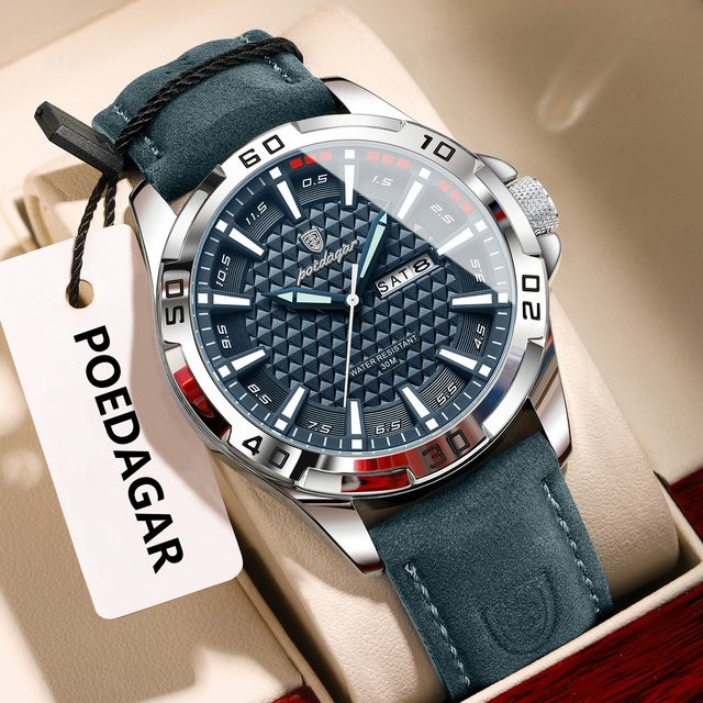 POEDAGAR Armbanduhr Quarz, Leder, Silber, Herren, Datum, Wochentag - Bild 1