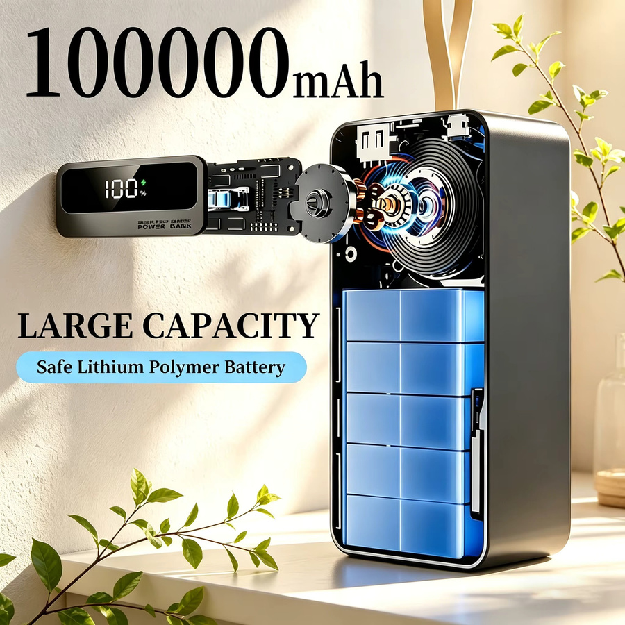 InTessry Powerbank 100000mAh mit 66W Superschnellladen, Tragbares Ladegerät in Schwarz mit LED-Digitalanzeige, Lederband und integrierter Taschenlampe für iPhone und Mehrgeräte-Ladung - Bild 4