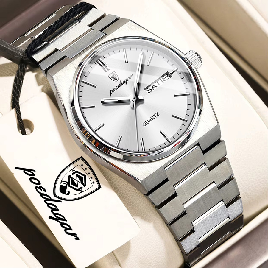 POEDAGAR Armbanduhr Edelstahl, Quarz, Silber, Damen, Datum, Wochentag - Bild 2