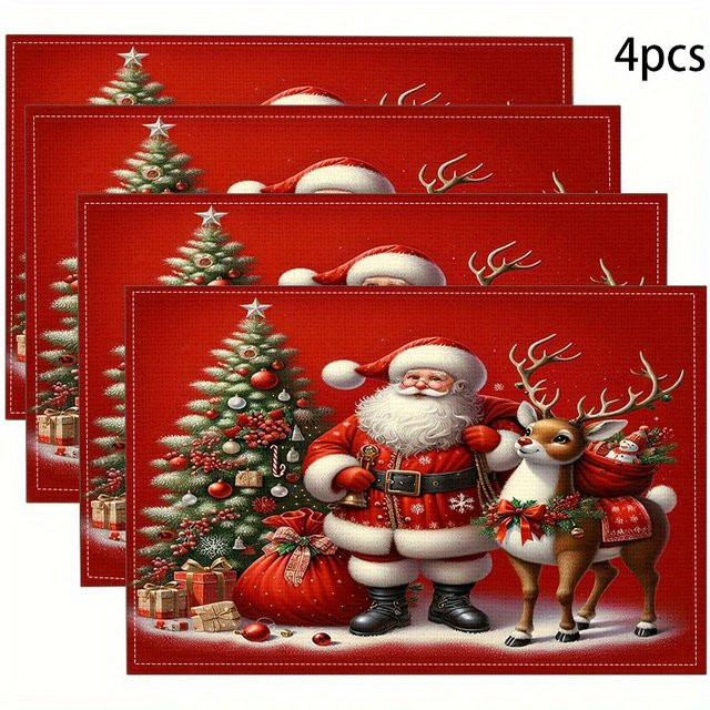 VIKAMA 4-teiliges Tischset Weihnachten mit Weihnachtsmann und Rentier in Rot - Bild 1