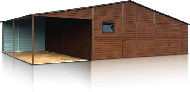 Liderstal Doppelgarage Premium aus Trapezprofilblech mit Carport in Holzoptik, Farbe: Anthrazit/Braun, B/T/H: 800 x 700 x 310 cm - Bild 1
