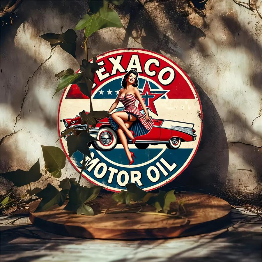 Potdemiel Texaco Motor Oil Vintage Aluminiumschild Retro Pin-Up Wanddeko aus Metall, Rund, Mehrfarbig, Durchmesser: 20 cm - Bild 4