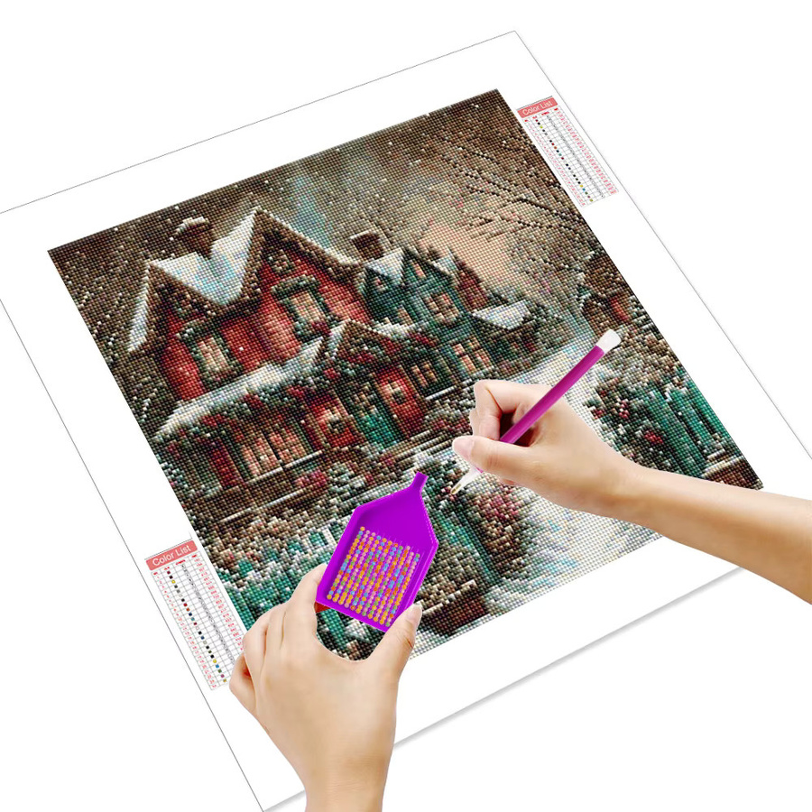 HUACAN 5D Diamant-Stickerei-Set verschneites Dorf mit romantischen Winterhäusern und Straßenszene mit Full Round Diamanten - Bild 2