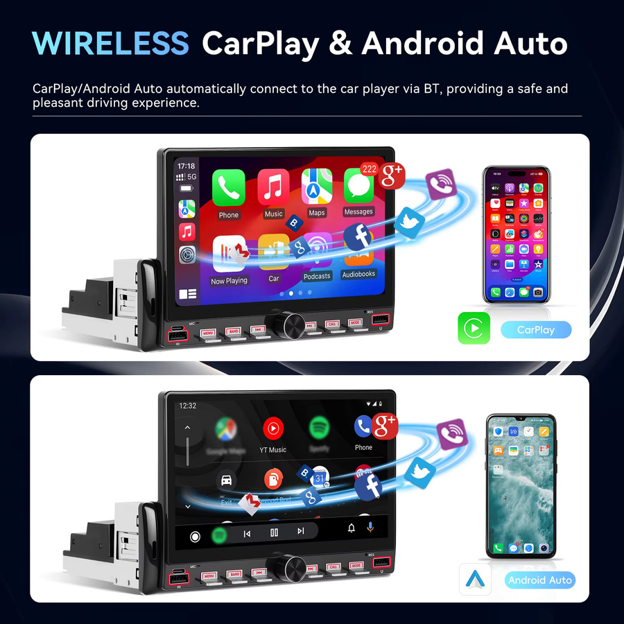 Podofo 7 Zoll Wireless Carplay Android Auto Autoradio mit 6 GB RAM und 128 GB Speicher, GPS-Navigation, Bluetooth und FM/RDS, 2-DIN Head Unit in Schwarz - Bild 3