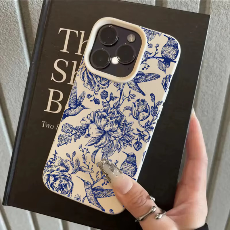 Blaue Handyhülle mit Retro-Blumen- und Vogelmuster für Apple iPhone 11 bis iPhone 17 Pro Max Soft Cover - Bild 4