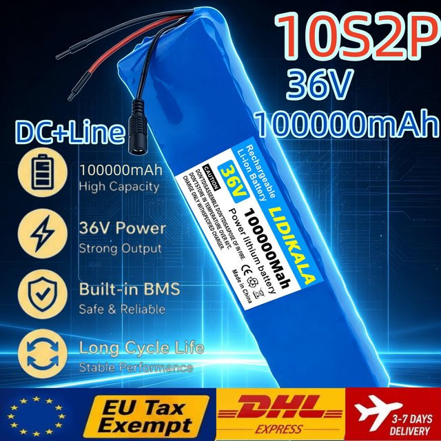 10S2P 36V 100000mAh Lithium-Ionen-Akku in Blau mit integriertem BMS-Kabel, DC-Stecker und 42V 2A Ladegerät für E-Bike, Scooter und Elektrofahrrad - Bild 1