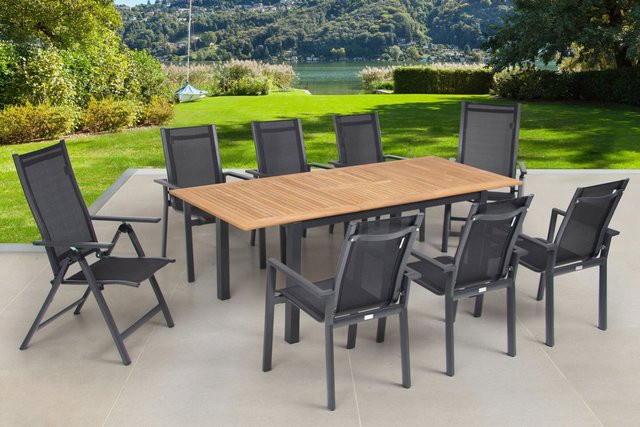 OUTFLEXX Garten-Essgruppe aus Aluminium, Teakholz und Textilene in Anthrazit Matt mit Ausziehtisch und 8 Stühlen - Bild 1