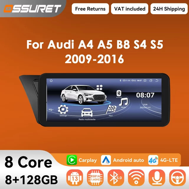 OSSURET Android 13 Autoradio mit Carplay und GPS für Audi A4 A5 B8 S4 S5 (2009-2016), 10,25 Zoll Multimedia Video-Player 2DIN Kopfstation, Schwarz - Bild 1