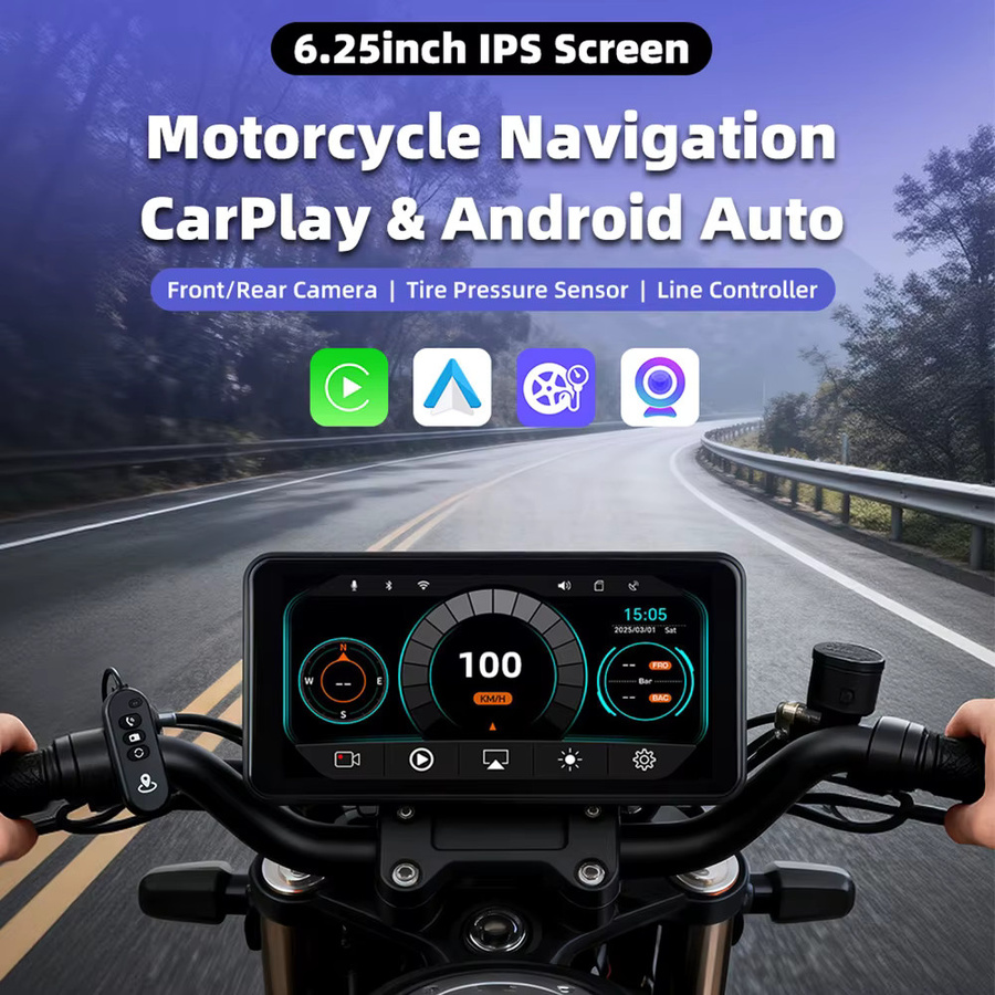 EKIY Kabelloses CarPlay und Android Auto Motorrad-Navigationssystem mit 6,25 Zoll Display, GPS und TPMS-Monitor in Schwarz - Bild 2