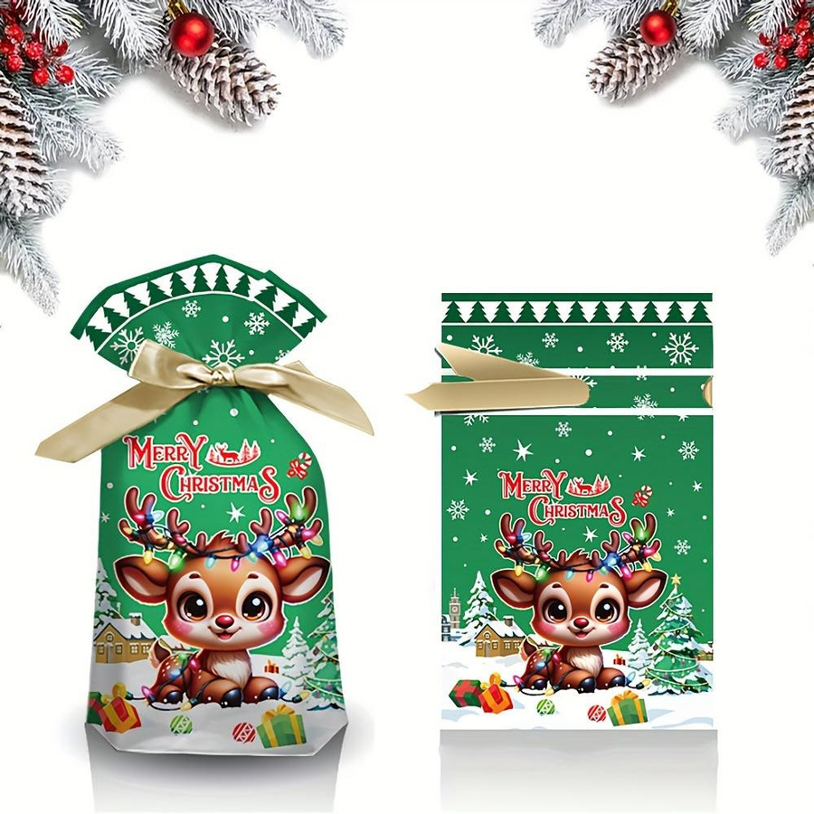 50 Stück Weihnachtliche Kordelzug-Geschenktüten aus PEVA in Grün mit Rentier-, Weihnachtsmann- und Schneemann-Designs - Bild 2