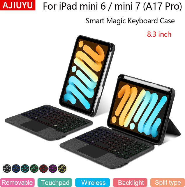 AJIUYU Touchpad-Tastatur Hülle für iPad Mini 7 und Mini 6 (8,3 Zoll), abnehmbares Magic Keyboard in Schwarz - Bild 1