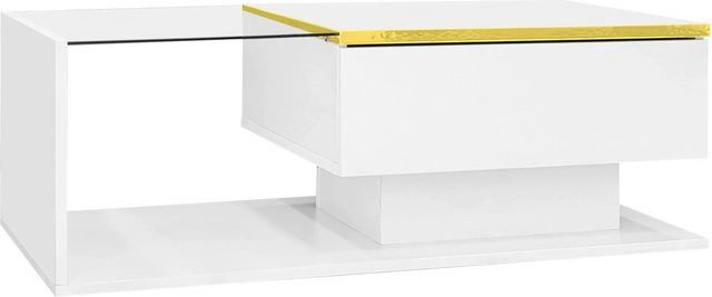 okwish Couchtisch mit LED-Effekt und Glasplatte in Weiß, modern und rechteckig, B: 90 cm, T: 50 cm, H: 32,5 cm - Bild 1