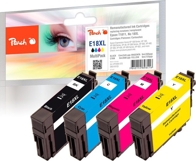 Peach E18 XL Druckerpatronen Set für Epson No. 18XL und Epson Expression Home XP-100, wiederaufbereitet, Multicolor - Bild 1