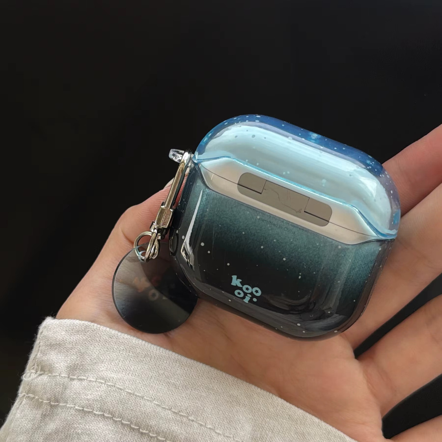 Transparente Kopfhörerhülle für Apple AirPods 1 2 3 4 Pro Pro2 Pro3 mit Ring im blau-schwarzen Wellenpunkt-Muster Farbverlauf - Bild 3