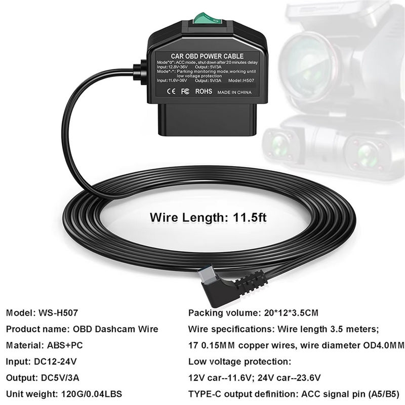 Dashcam OBD Hardwire-Kit mit USB Typ C Anschluss, schwarzes Stromkabel für Dashcams 12–24 V auf 5 V/3 A - Bild 3