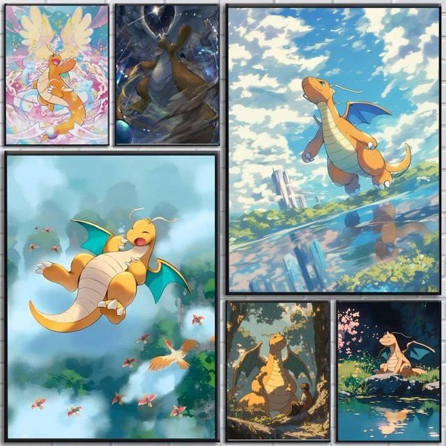 Selbstklebender Anime-Papierposter mit Dragonite-Motiv in Mehrfarbig für deine Wandgestaltung - Bild 1