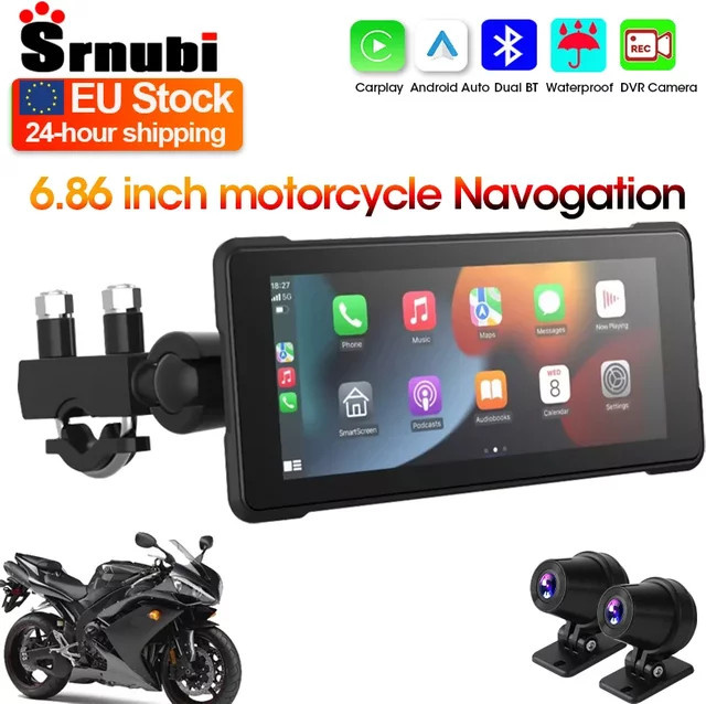 Srnubi Tragbares Motorrad-DVR Display mit Wireless CarPlay, Android Auto und Mirror Link, IP67 Wasserdicht, Bluetooth 5.0 und GPS, Farbe: Schwarz, Displaygröße: 5 bis 6,86 Zoll - Bild 1