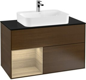 V&B Finion Waschtischunterschrank Wandmontage mit LED-Beleuchtung und Regalelement in Walnuss - Bild 1