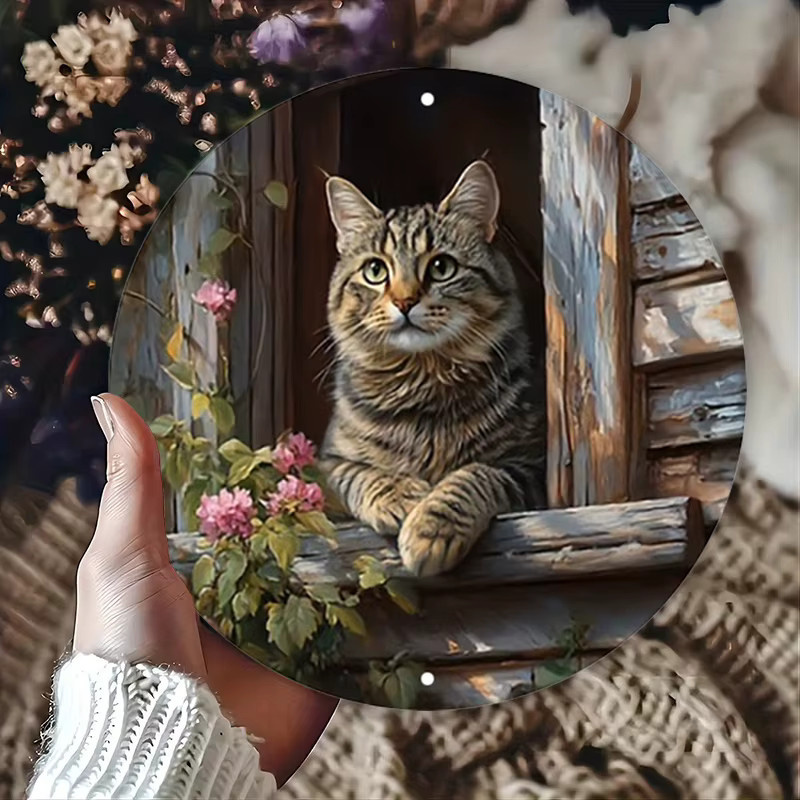 Rustikales Aluminium-Metallschild von Potdemiel mit Tabby-Katze und Blumen, rund, Mehrfarbig, Durchmesser: 20 cm - Bild 3