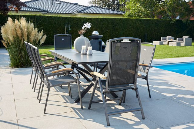 Hartman Xanadu Raffaelo Garten-Essgruppe aus Alu, Teak und Glaskeramik in Xerix/Natur mit 6 Dining Sesseln und 2 Klappstühlen, ausziehbarer rechteckiger Tisch, B/T/H: 160 x 100 x 75 cm bis 220 x 100 x 75 cm - Bild 1