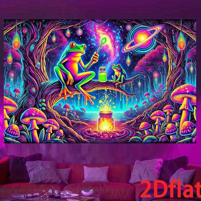 VIKAMA Fantasy Forest Frog Wandteppich, bunter Zauberbaum mit Pilzen und Planeten, Mehrfarbig, B/H: 60 x 40 cm - Bild 1