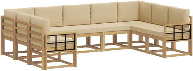 vidaXL Outdoor-Sofagarnitur aus Akazienholz in U-Form mit Kissen, 9-teilig, Weiß und Beige - Bild 1