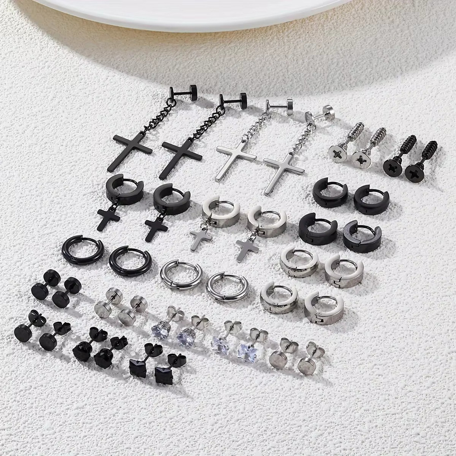 YIXI Ohrstecker Edelstahl, Zirkonia, Silber, Herren, Kreuz-Anhänger-Creolen - Bild 3