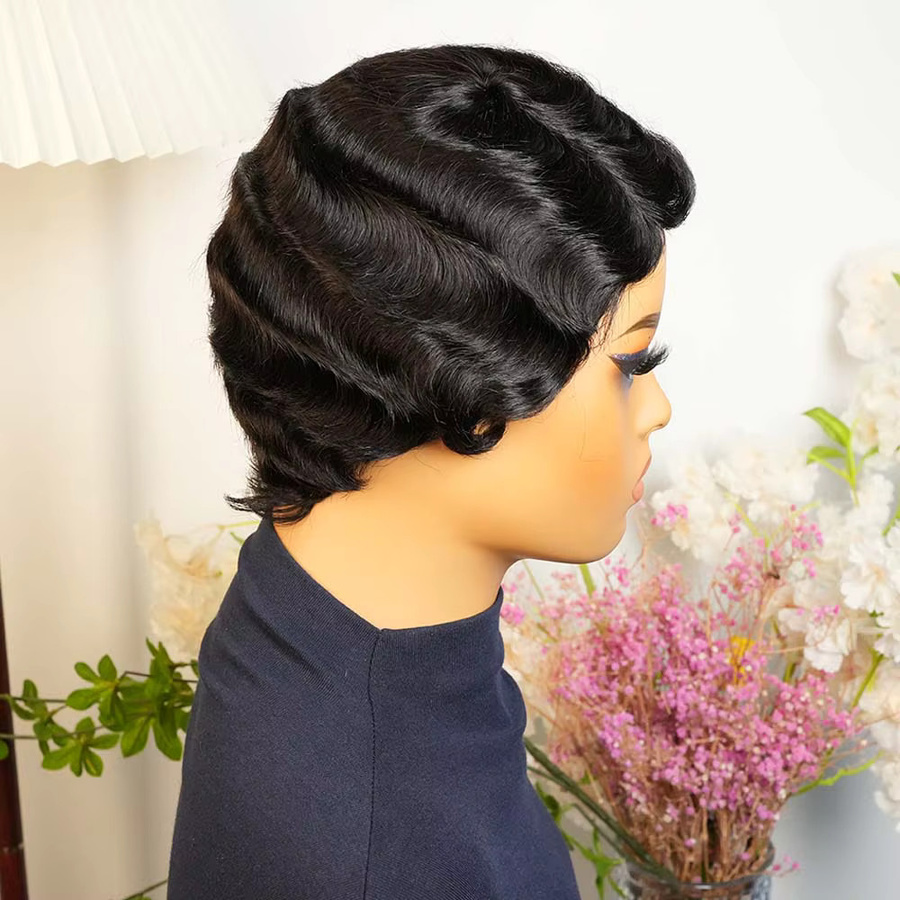 OYM HAIR Haarperücke, Pixie-Schnitt, kurze Fingerwellen, Schwarz, Damen - Bild 4