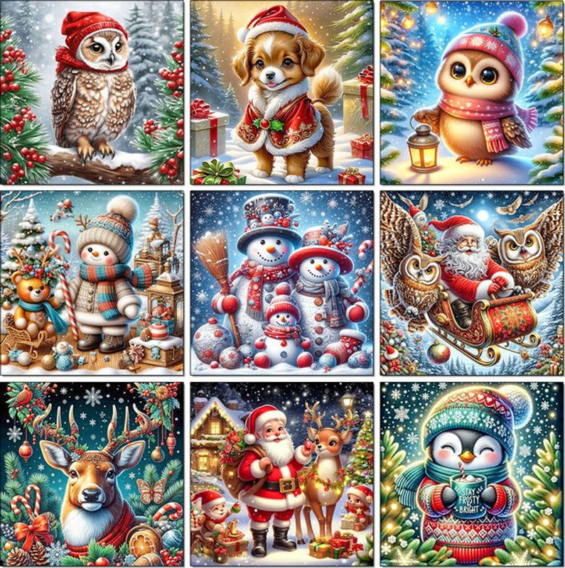 QIZITENG 5D Diamantgemälde Weihnachtsmann und Schneemann als Mosaik-Kunstwerk in Mehrfarbig, runde Wanddekoration für Kinder - Bild 1