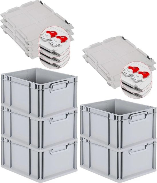 PROREGAL SuperSparSet 5x Eurobox NextGen Grip mit Scharnierdeckel und roten Schiebeschnappverschlüssen, Grau, H x B x T: 22 x 30 x 40 cm, 20 Liter - Bild 1