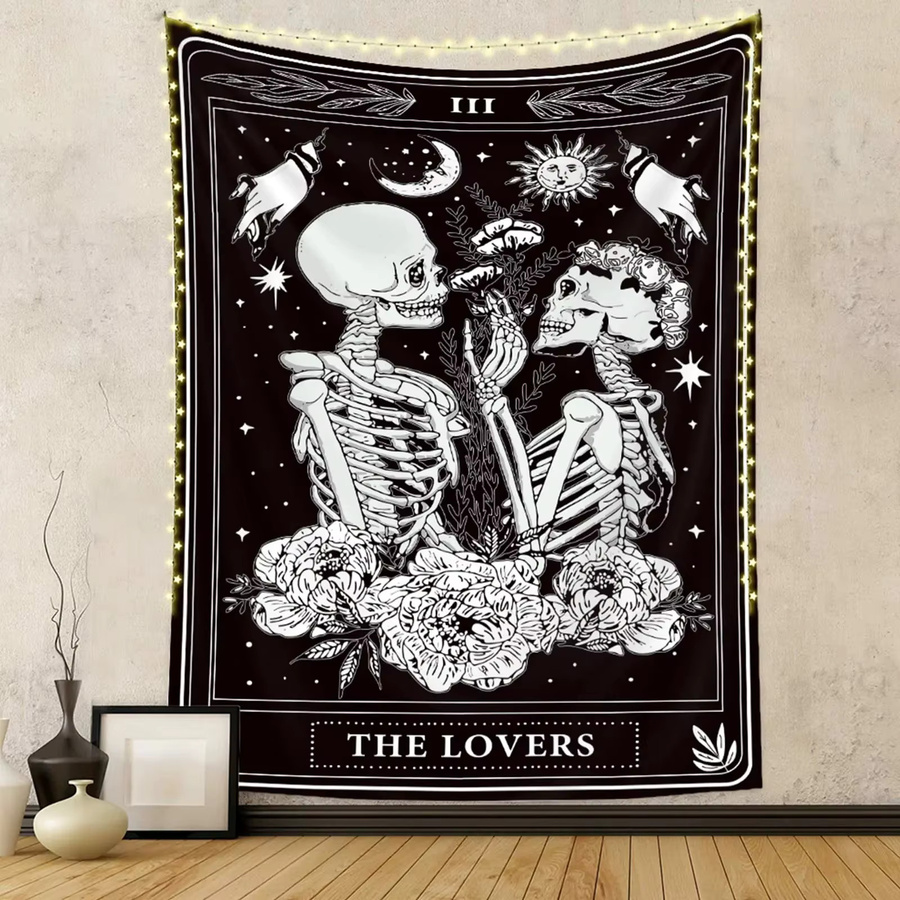 ZZN Wandteppich mit Totenkopf und Blumen in Schwarz-Weiß, Gothic Wandbehang für dein Schlafzimmer, B/H: 75 x 75 cm - Bild 2