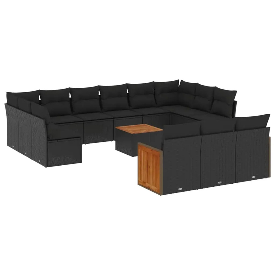 vidaXL 14-tlg. Garten-Sofagarnitur in U-Form aus Poly-Rattan und Akazienholz mit Kissen, Schwarz - Bild 2