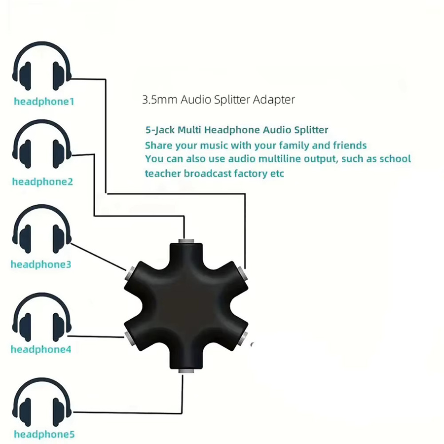 Aux Music Stereo Audio-Splitter 3,5 mm Kopfhörer-Verlängerung mit 1 Stecker auf 5 Buchsen in Schwarz und Weiß - Bild 3