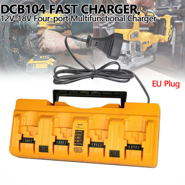 DeWalt DCB104 Schnellladegerät für 12V-18V Lithium-Akkus mit vier Anschlüssen und Ladeschutz, Farbe: Gelb - Bild 1