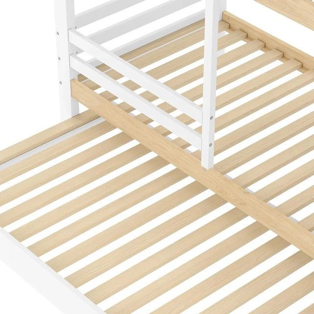 KOMHTOM Etagenbett im Blockhaus-Design für Kinder mit Ausziehbett, Treppe mit Stufen, Sicherheitsgeländer und Stauraum, Farbe: Weiß/Natur, Material: Kiefernholz, MDF und Sperrholz, B/T/H: 90 x 200 x 165 cm - Bild 1