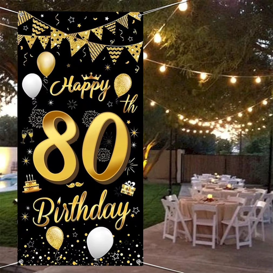 OURFETE Geburtstag Banner zum 80. Geburtstag in Schwarz-Gold mit Ballon-Konfetti-Muster, B: 180 cm, H: 90 cm - Bild 6