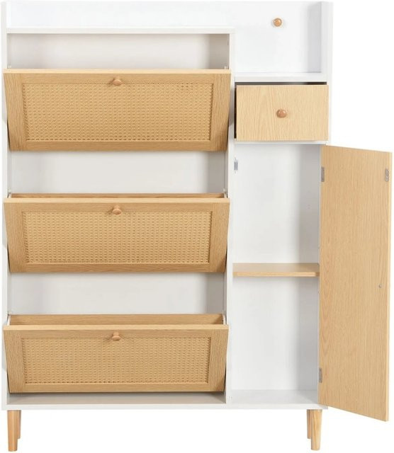 PXloue Schuhschrank aus Massivholz mit Rattan-Optik und 3 Klappen sowie Schublade, Weiß, B/T/H: 125 x 24,75 x 90 cm - Bild 1