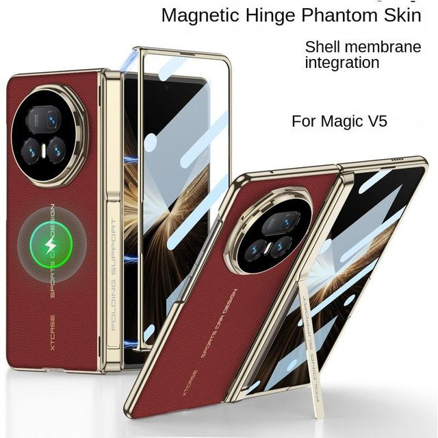 Honor Magic V5 Linsenschutz Abdeckung mit vergoldetem Rahmen, Leder-Scharnierhalterungen und integriertem Magnetring in Gold - Bild 1