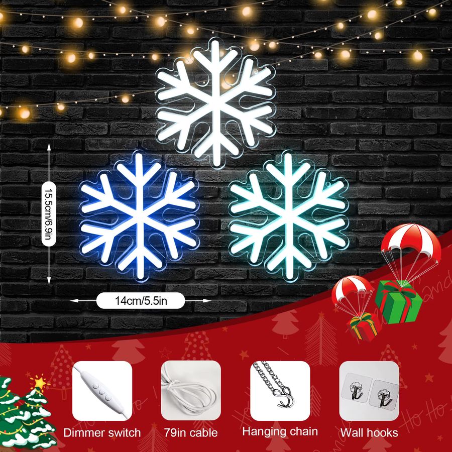 Wanxing 3er Set LED Schneeflocke Neon Zeichen mit USB-Anschluss zur Wanddekoration für Weihnachten und Party - Bild 4