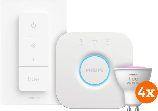 Philips Hue White & Color Ambiance GU10 LED Starterset mit 4 Lampen, Bridge und Dimmer, Multicolour - Bild 1
