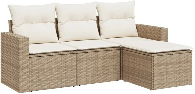 vidaXL 4-tlg Garten-Sofagarnitur in L-Form aus Poly-Rattan in Beige mit Kissen und Hocker - Bild 1