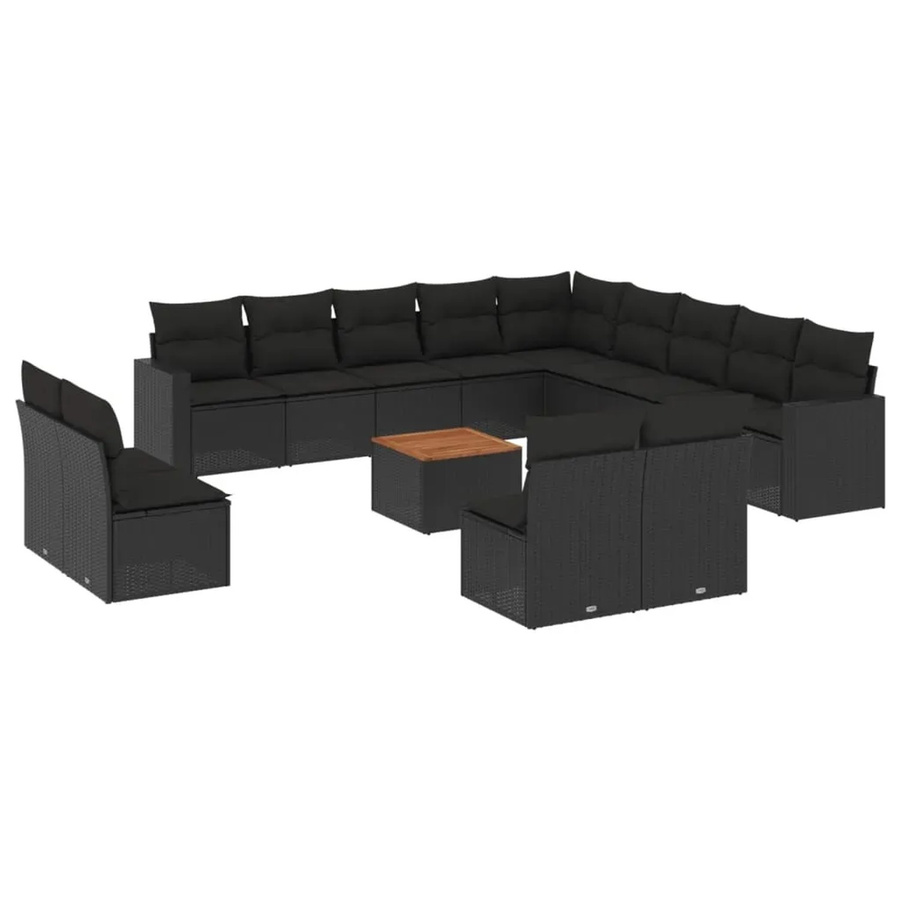 vidaXL 14-teilige Garten-Sofagarnitur in L-Form aus schwarzem Poly-Rattan mit Kissen und Metallrahmen - Bild 2
