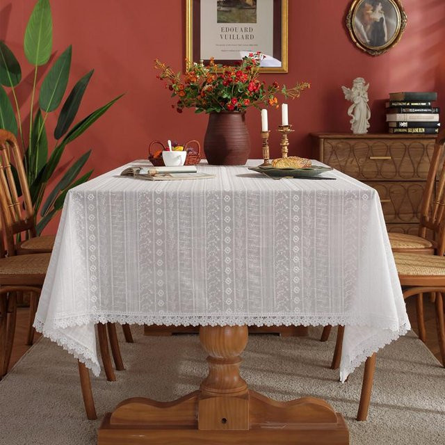 Weiße runde Spitzentischdecke mit floraler Stickerei für Hochzeiten und Partys, B/B: 85 x 85 cm - Bild 1