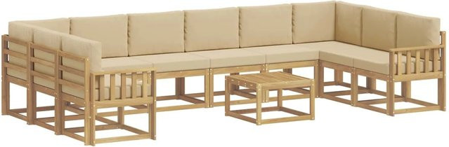vidaXL Outdoor-Sofagarnitur in L-Form aus Akazienholz mit 11-teiligem Set, Weiß und Beige - Bild 1
