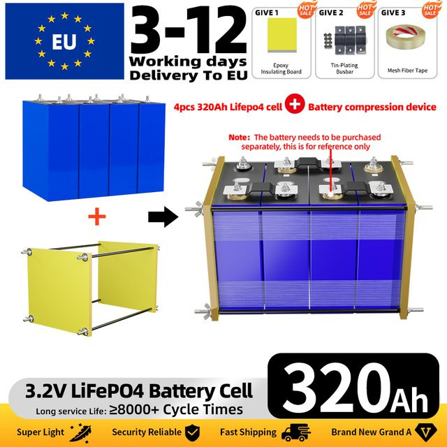 PWOD LiFePO4 Batterie 320Ah 3,2V mit Kompressionskit und Montagerahmen für Heimenergiespeicher - Bild 1