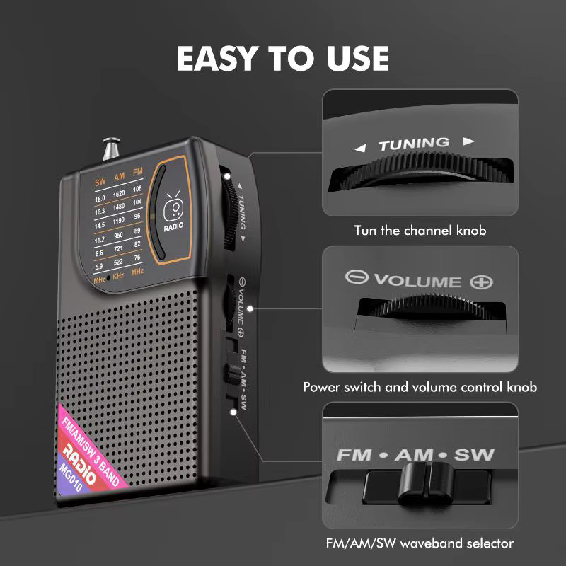 Bytelike Tragbares Mini-Radio FM/AM/SW Mehrband in Schwarz mit USB-C Anschluss und Lautsprecher - Bild 4