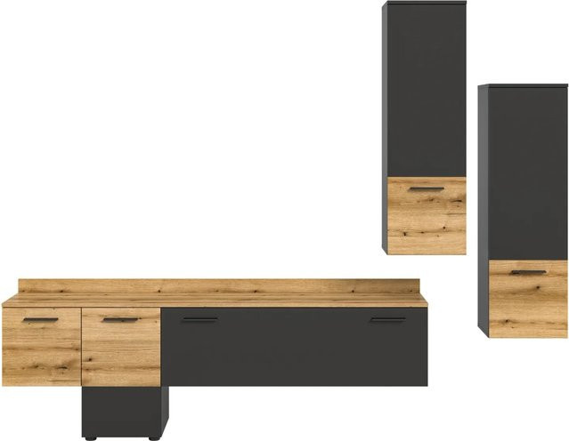 Inn.Furn Wohnwand Elian 3-teilig in Grau und Eiche mit Soft-Close und integrierter Beleuchtung, Breite: 247 cm - Bild 1