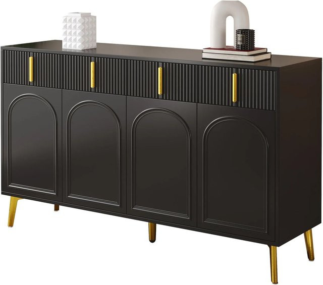 okwish Sideboard in Schwarz mit 4 Türen und 4 Schubladen sowie Goldgriffen, B/T/H: 140 x 38 x 82 cm - Bild 1