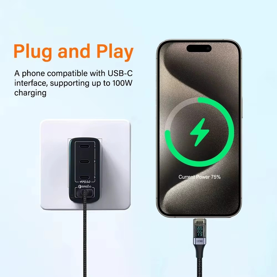 USB-C zu USB-C Datenkabel mit 100 W Schnellladefunktion und LED, 6A Ladestrom, Farbe: Lila - Bild 4
