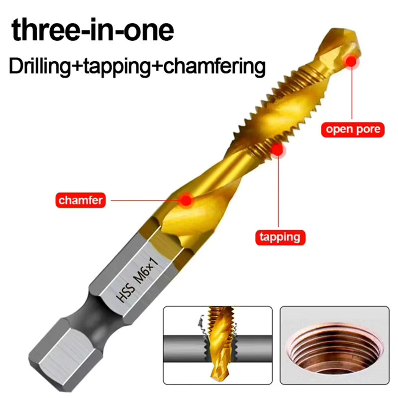 WEEKS Gewindebohrer-Kombinationsbit aus HSS mit Titan-Beschichtung, metrisches Gewinde M3-M10, 1/4 Zoll Sechskantschaft, Farbe: Gold - Bild 1
